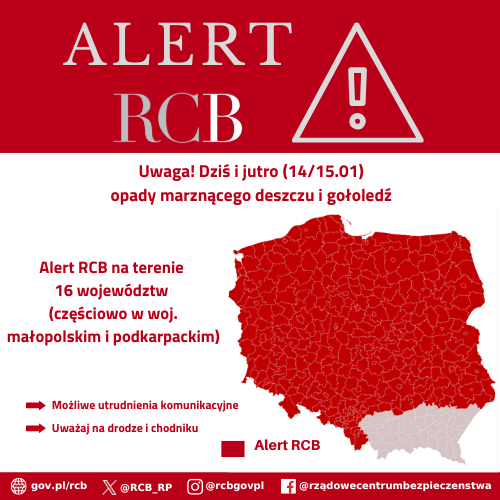 Alert RCB 14/15 stycznia gołoledź. Kolorem czerwonym zaznaczony jest obszar alarmowania.