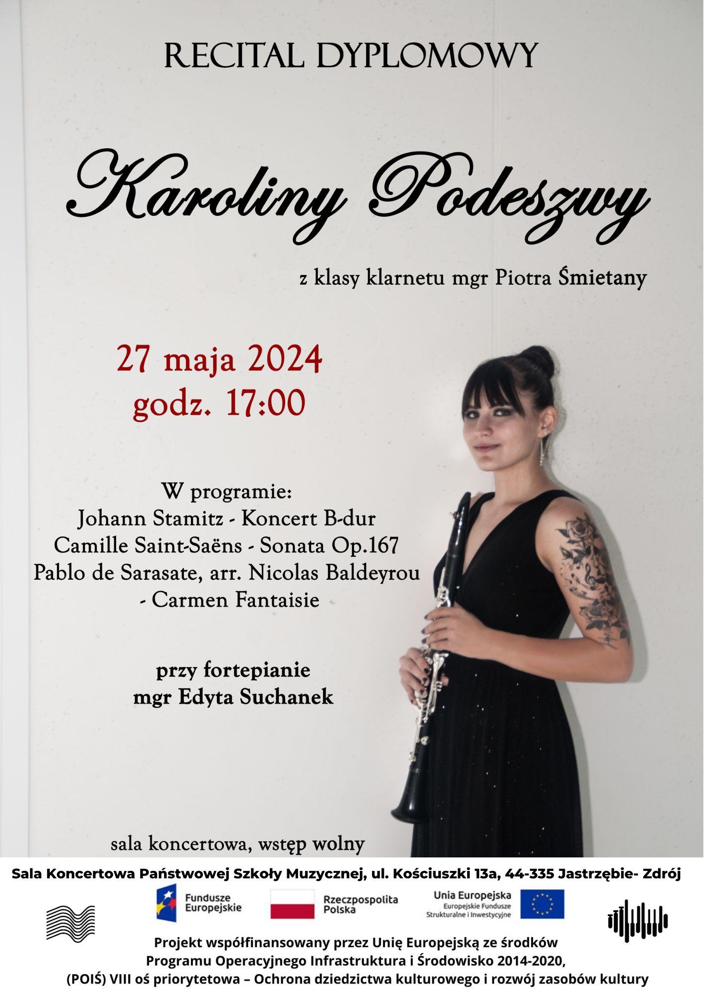 Plakat na Recital dyplomowy Karoliny Podeszwy.