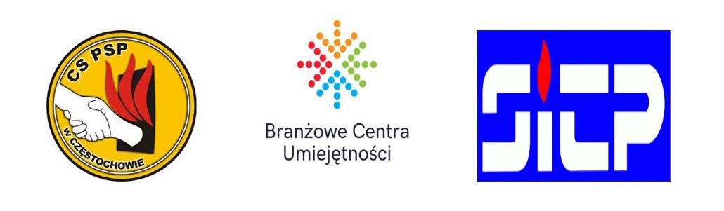 Pozioma grafika na której od lewej strony na białym tle umieszczone jest logo Centralnej Szkoły PSP w Częstochowie, następnie logo Branżowych Centr Umiejętności oraz logo Stowarzyszenia Inżynierów i Techników Pożarnictwa