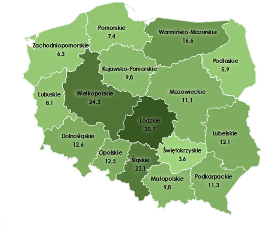 Rys. 2 Średnia wysokość czynszu dzierżawnego uzyskanego w I półroczu 2024 r. (w dt pszenicy/ha) w poszczególnych województwach – średnio 11,5 dt pszenicy/ha