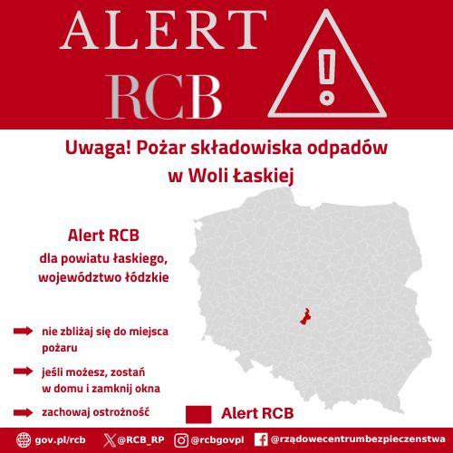 Alert RCB – pożar w Woli Łaskiej. Kolorem czerwonym zaznaczony jest obszar alarmowania.