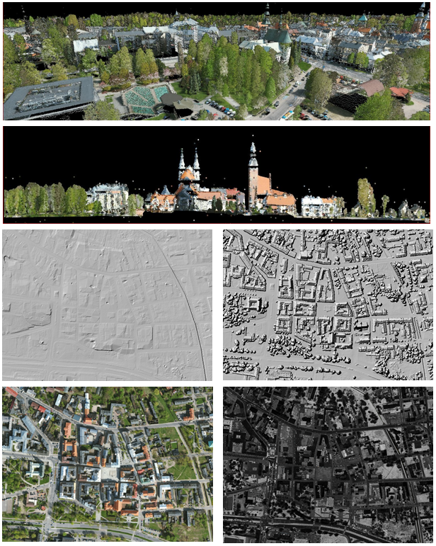 Ilustracja kolejno przedstawia: zrzut chmury punktów, zrzut numerycznego modelu terenu, zrzut numerycznego modelu pokrycia terenu, zrzut ortofotomapy, zrzut obrazów intensywności
