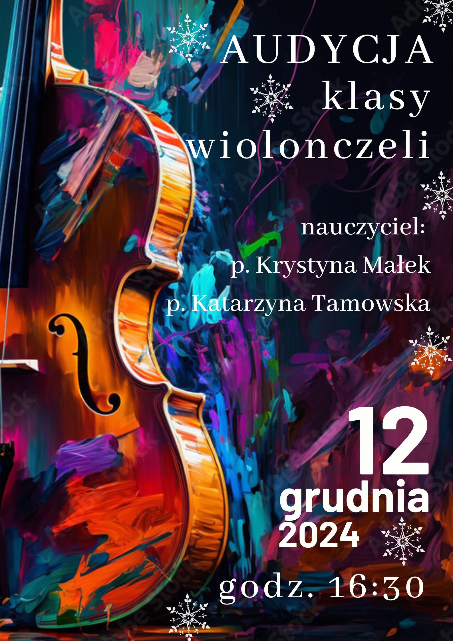 Plakat w pionie informujący o popisie uczniów klasy wiolonczeli, który odbędzie się 12.12.2024 o godzinie 16:30. Głównym elementem plakatu jest kolorowa grafika wiolonczeli z lewej strony plakatu, białymi literami informacje o koncercie po prawej stronie.