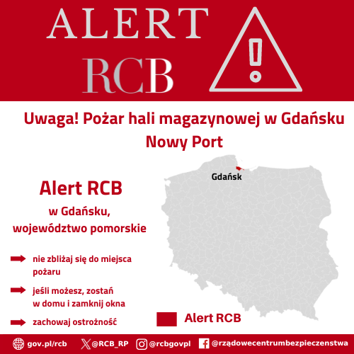 Alert RCB - pożar w Gdańsku. 14 lipca 2024. Kolorem czerwonym zaznaczony jest obszar alarmowania.
