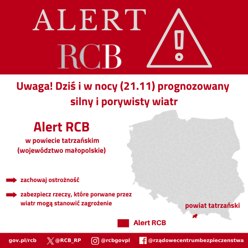 Alert RCB – mapka przedstawia obszar kraju (zaznaczony na czerwono), na który wysłano powiadomienie o zagrożeniu.