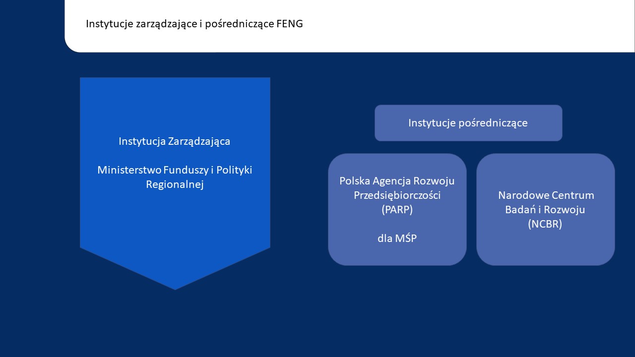 Instytucją Zarządzającą Programem jest Ministerstwo Funduszy i Polityki Regionalnej. Instytucjami Pośredniczącymi w realizacji Programu są Polska Agencja Rozwoju Przedsiębiorczości (PARP) dla MŚP i Narodowe Centrum Badań i Rozwoju (NCBR)