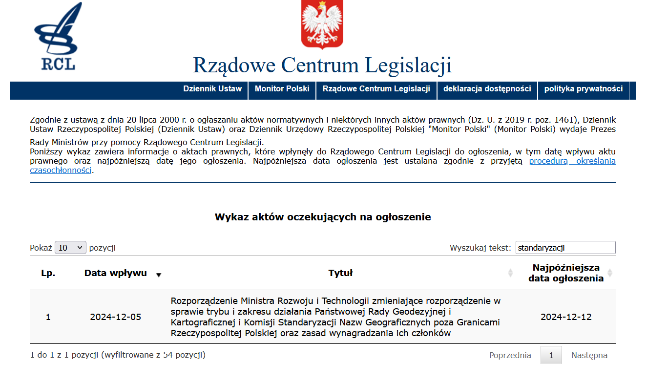 Zrzut ekranu ze strony Rządowego Centrum Legislacji