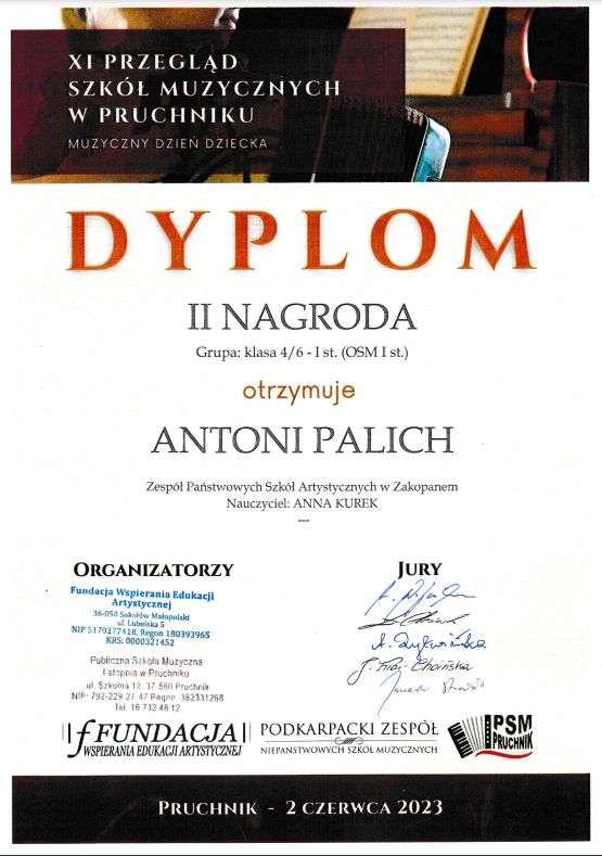 Dyplom ucznia z konkursu