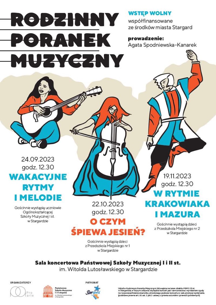 Plakat informujący o Rodzinnym poranku muzycznym - Wakacyjne rytmy i melodie w dniu 24 września 2023 roku o godzinie 12.30. Na plakacie na białym tle znajduje się postacie gitarzystki, wiolonczelistki oraz tancerza. 