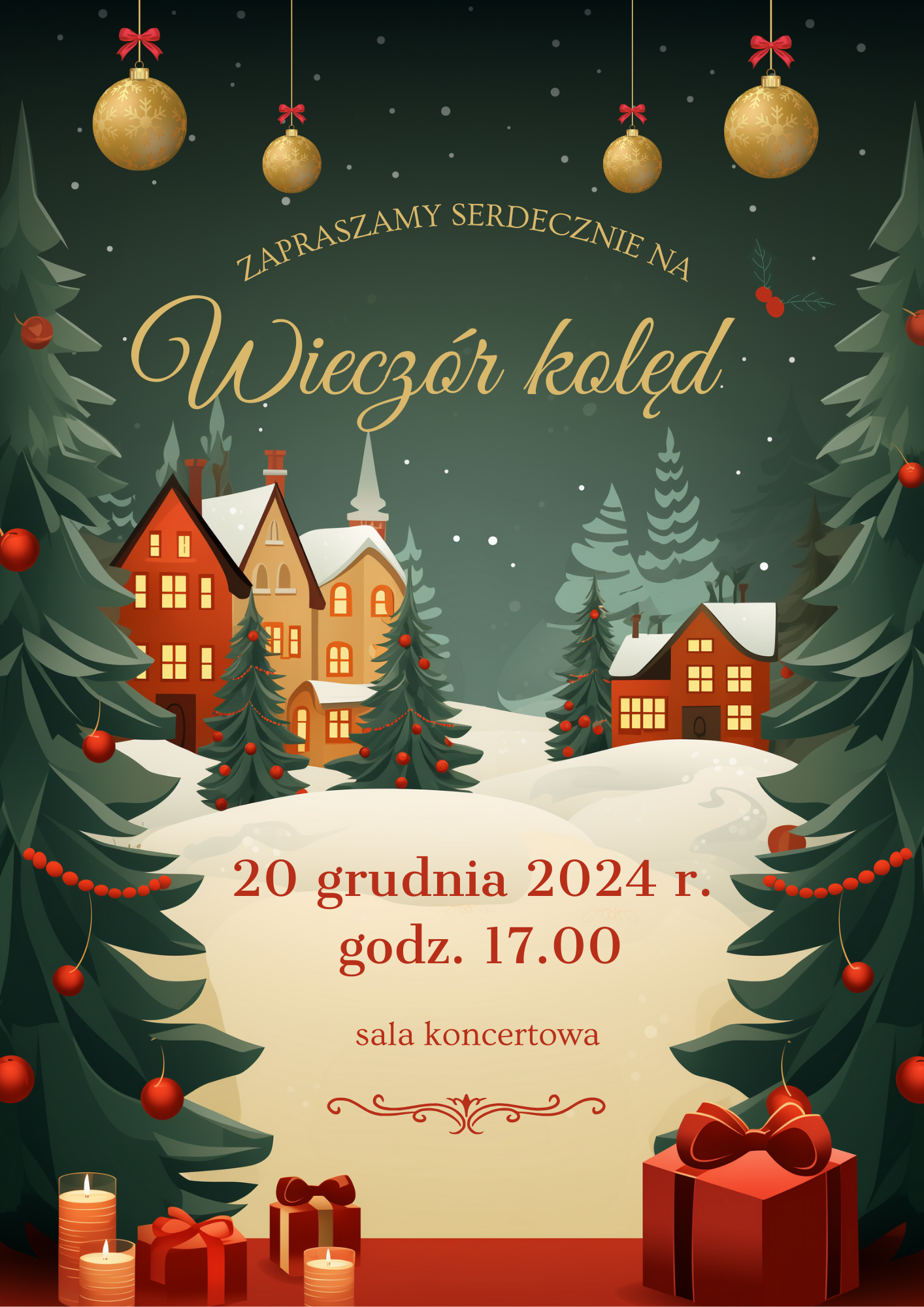 Plakat z zimowym krajobrazem: w tle ośnieżone domy i choinki z czerwonymi ozdobami, a pod nimi prezenty. Na środku złoty napis "Wieczór kolęd". 