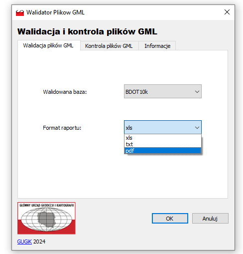 Ilustracja przedstawia zrzut okna wtyczki Walidator plików GML w oprogramowaniu QGIS 