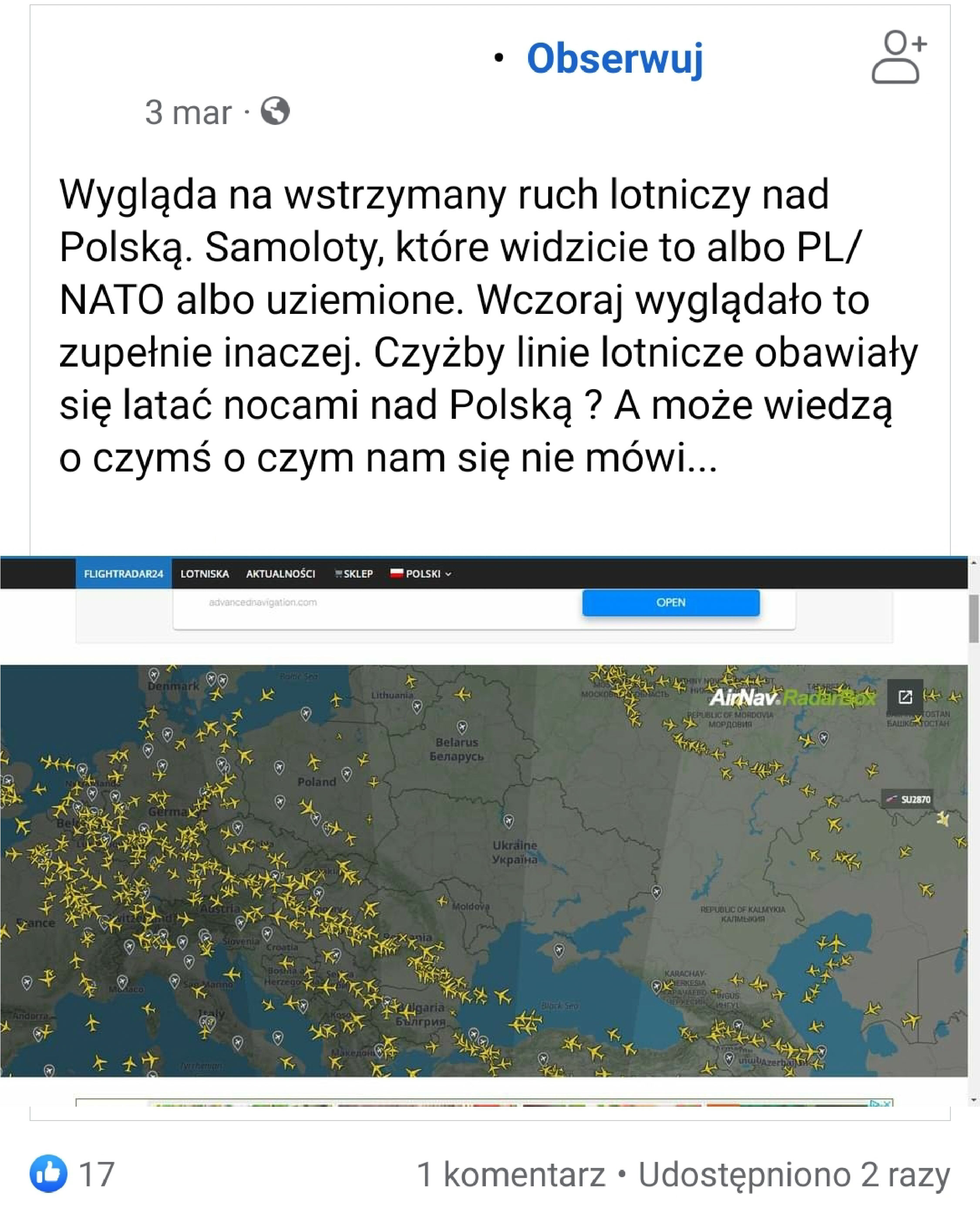 Zrzut ekranu jednego z użytkowników serwisu Facebook o wstrzymaniu ruchu nad Polską, jako przykładu teorii spiskowej a nie wojny w Ukrainie.