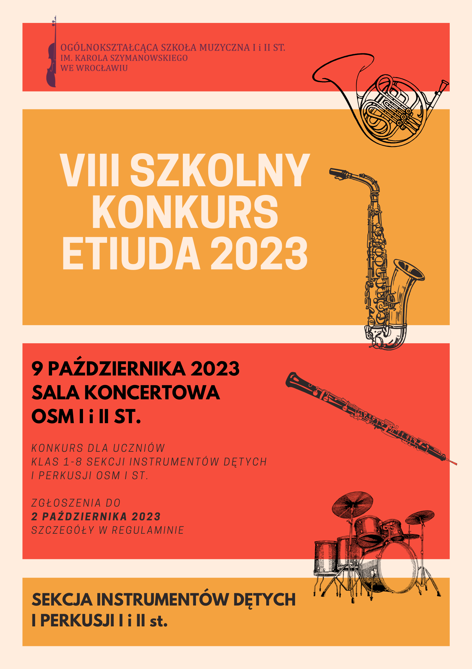 plakat w pomarańczowo-czerwonej tonacji, zawiera grafiki instrumentów dętych oraz logo szkoły i napisy z zasadami konkursu