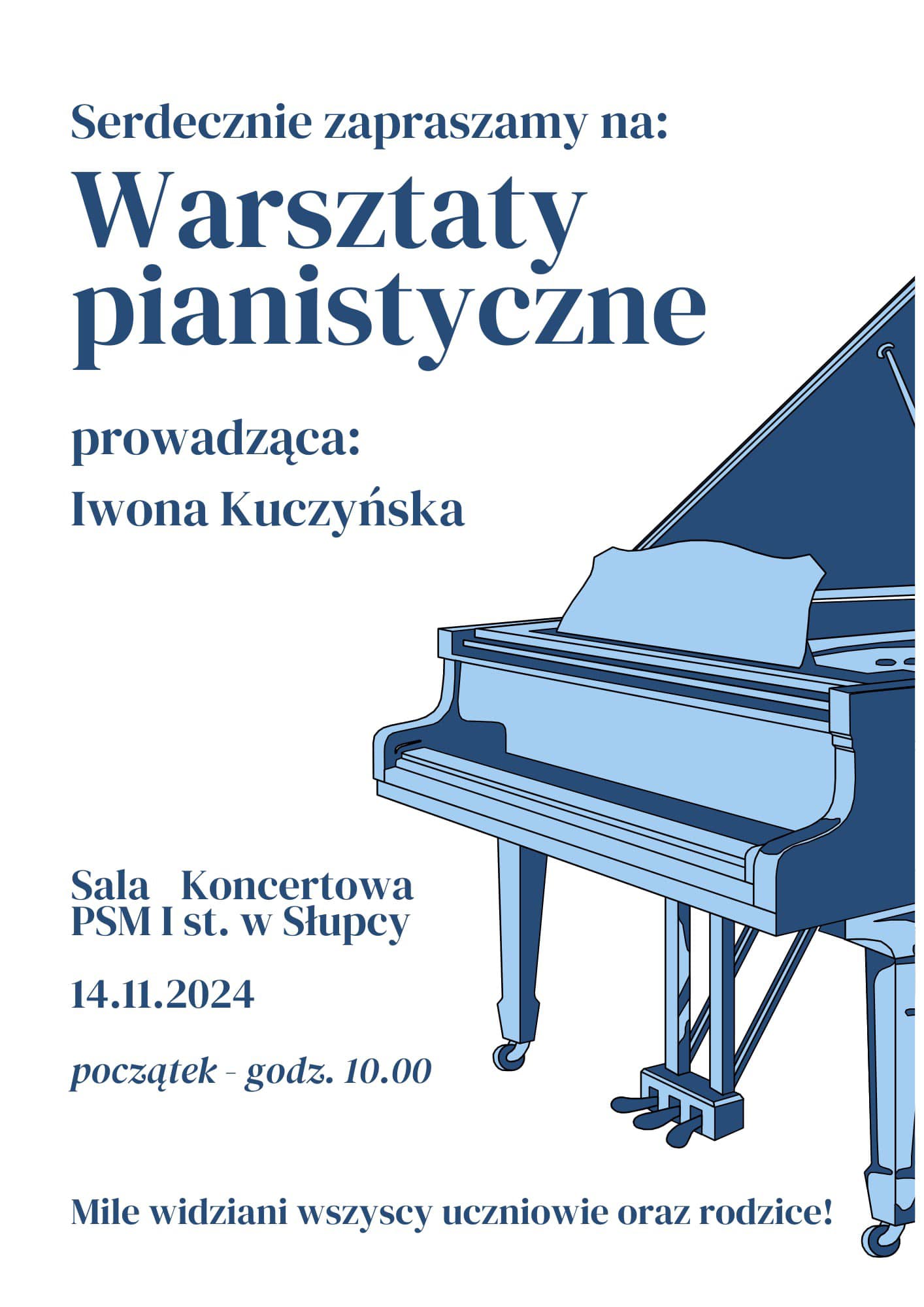 Informacja o warsztatach pianistycznych, po lewej grafika fortepianu, wszystko na białym tle