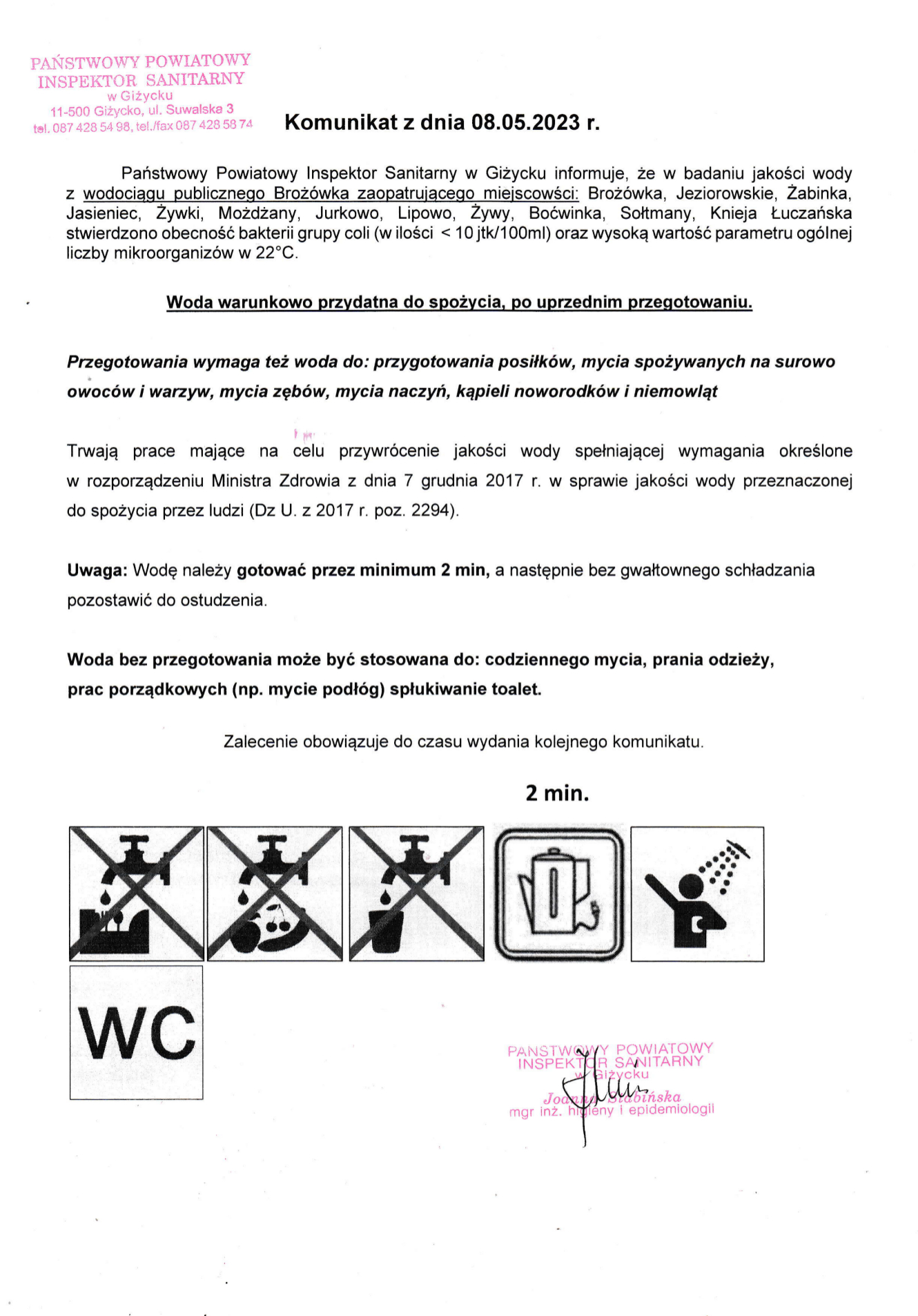 Komunikat z dnia 08.05.2023 r. (dot. wodociągu publicznego Brożówka)
