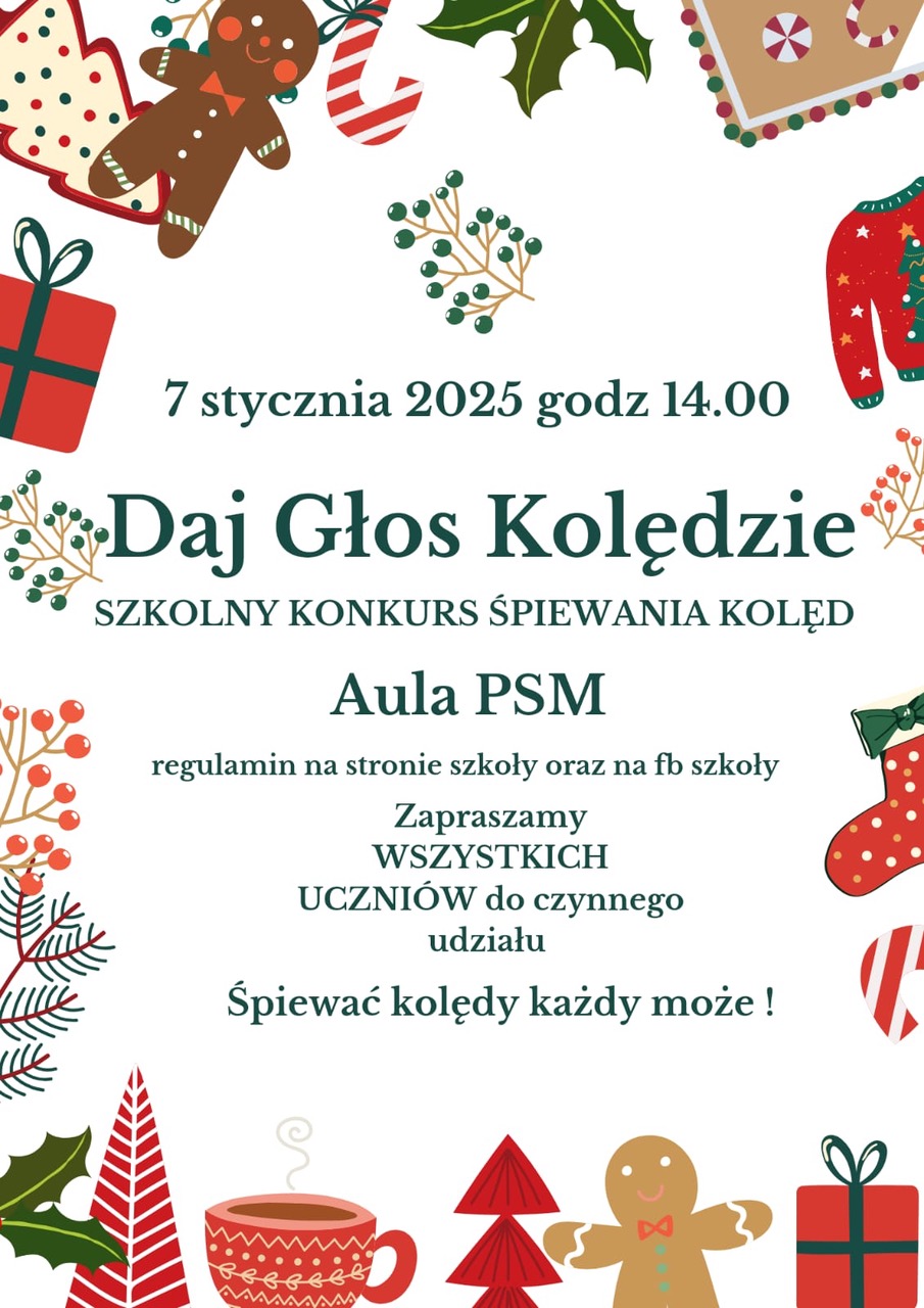 Plakat na białym tle ze szczegółową informacją tekstową dotyczącą szkolnego konkursu "Daj Głos Kolędzie" - 07 stycznia 2025