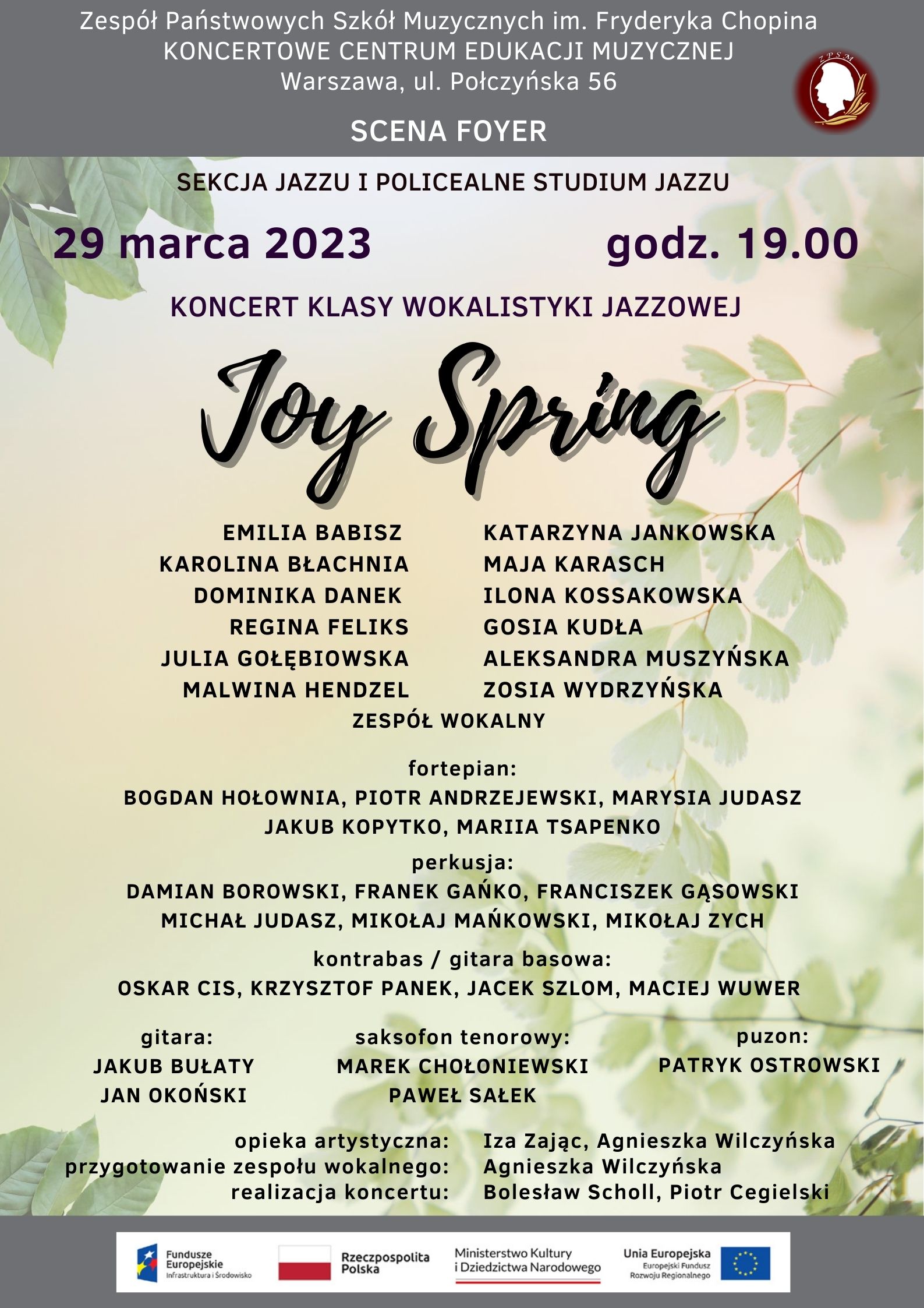 Afisz koncertu uczniów klas wokalistyki jazzowej, 29 marca 2023 r, godz 19.00, Scena Foyer