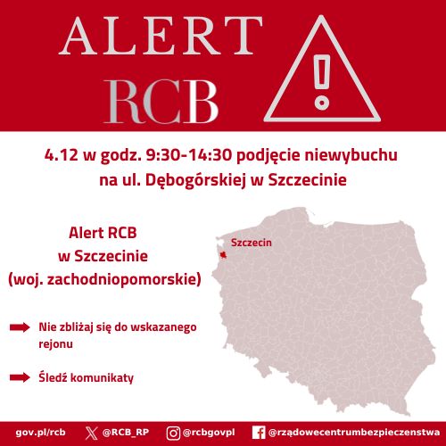 Alert RCB – mapka przedstawia obszar kraju (zaznaczony na czerwono), na który wysłano powiadomienie o zagrożeniu.