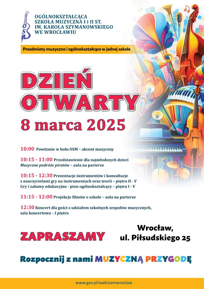 kolorowy plakat zapowiadający program Dnia otwartego 8 marca 20205 r.