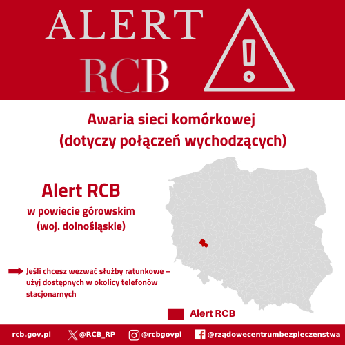 Alert RCB, awaria telefonii komórkowej. Kolorem czerwonym zaznaczony jest obszar alarmowania. 