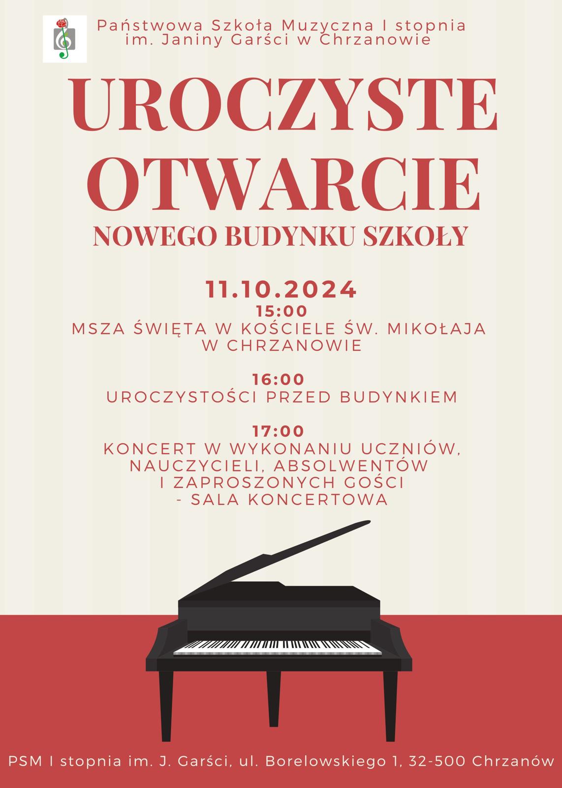 Afisz - uroczyste otwarcie nowego budynku szkoły