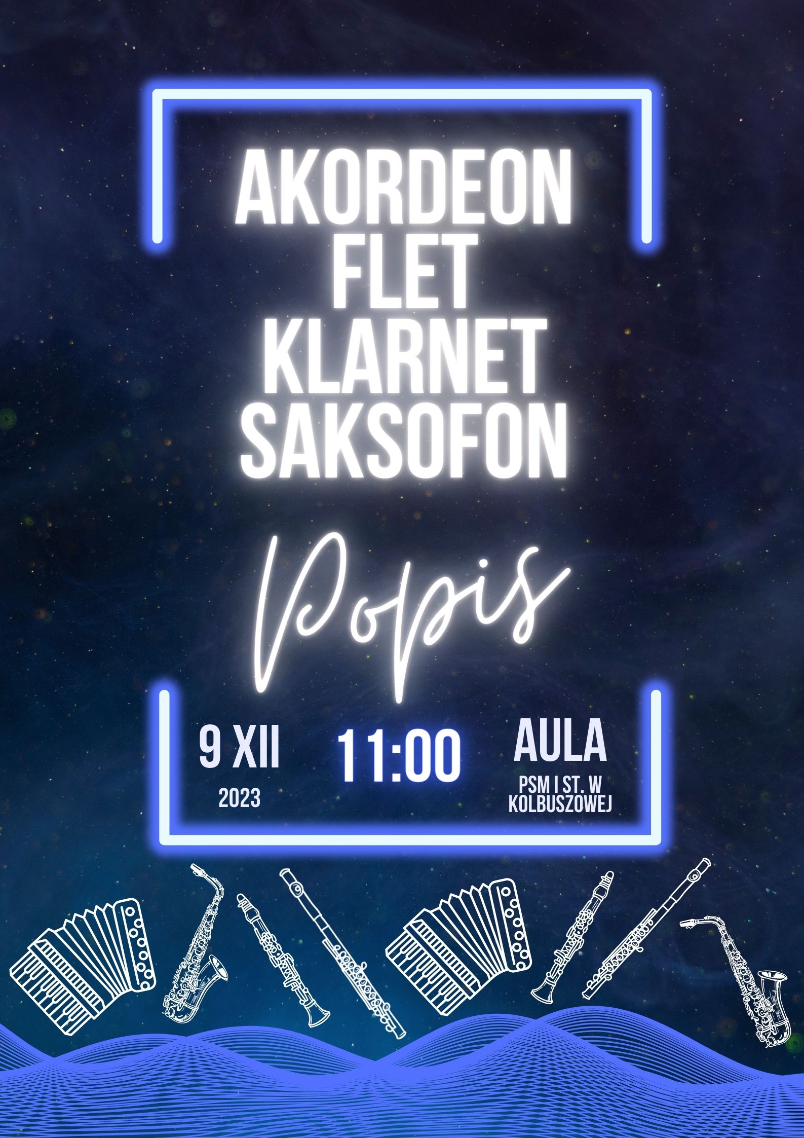 Plakat akordeon, flet, klarnet, saksofon 9.12.2023