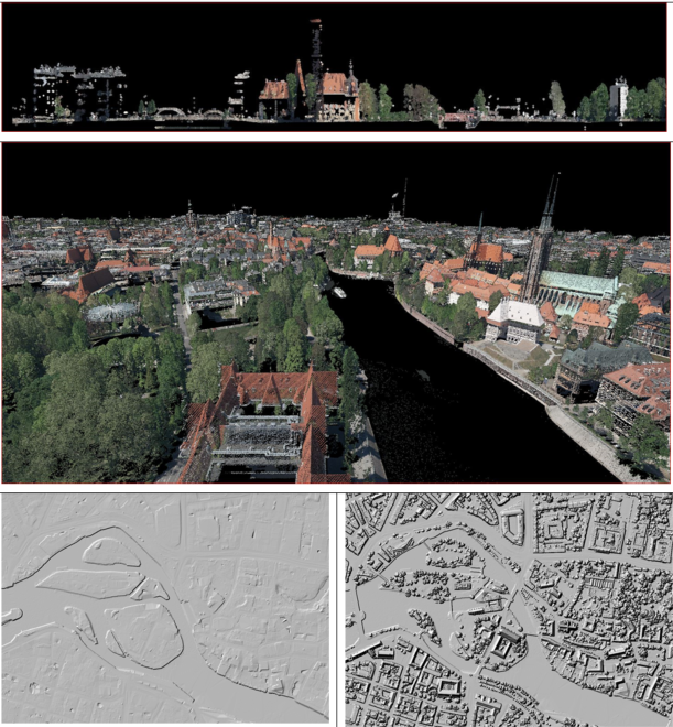 Ilustracja przedstawia zrzuty ekranu ukazujące chmury punktów, numeryczny model terenu i numeryczny model pokrycia terenu
