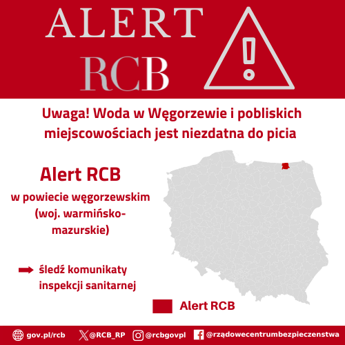 Alert RCB - 23 stycznia, woda niezdatna do picia. Kolorem czerwonym zaznaczony jest obszar alarmowania.