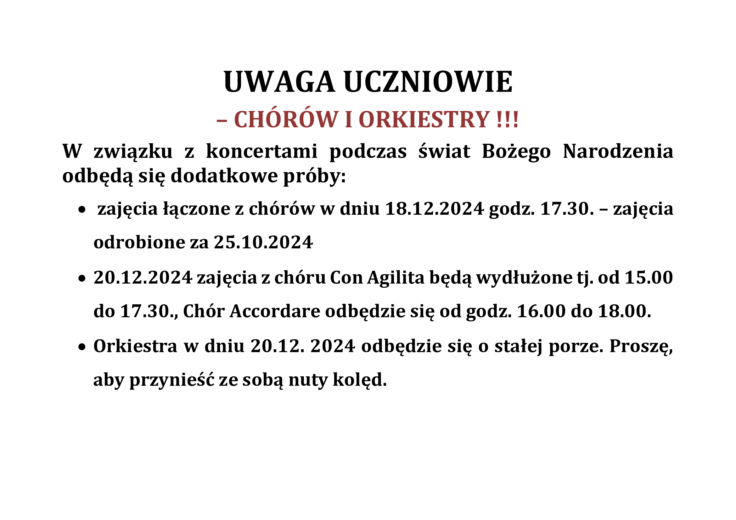 Informacja dla chórów i orkiestry 