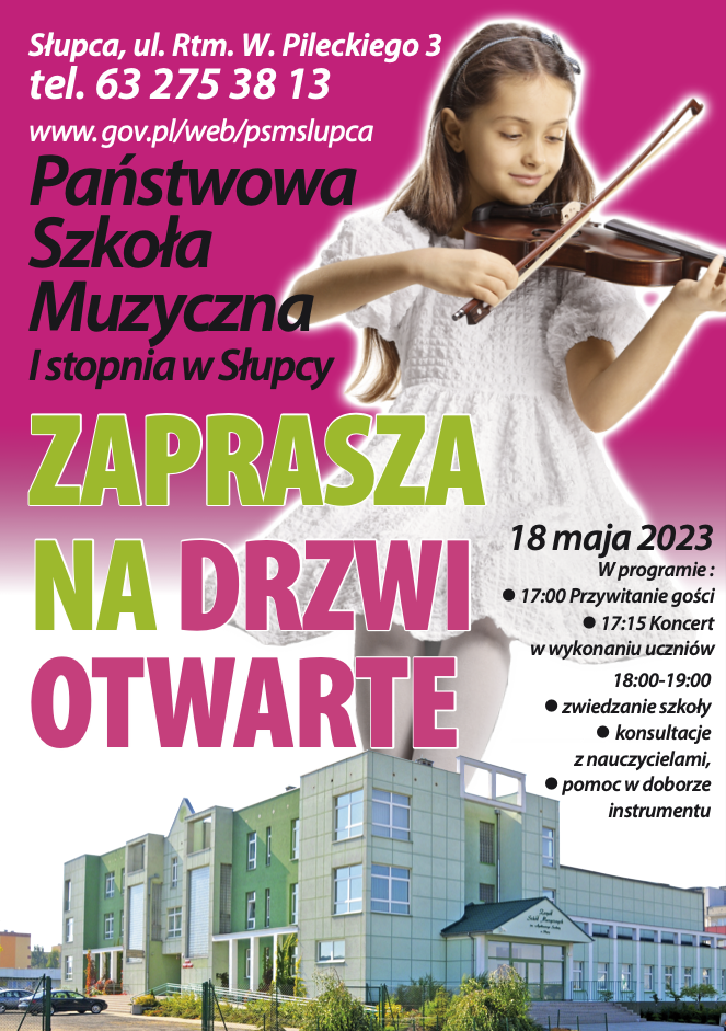 Informacja o drzwiach otwartych, na górze różowe tło a na nim dziewczynka ze skrzypcami, poniżej budynek szkoły na białym tle