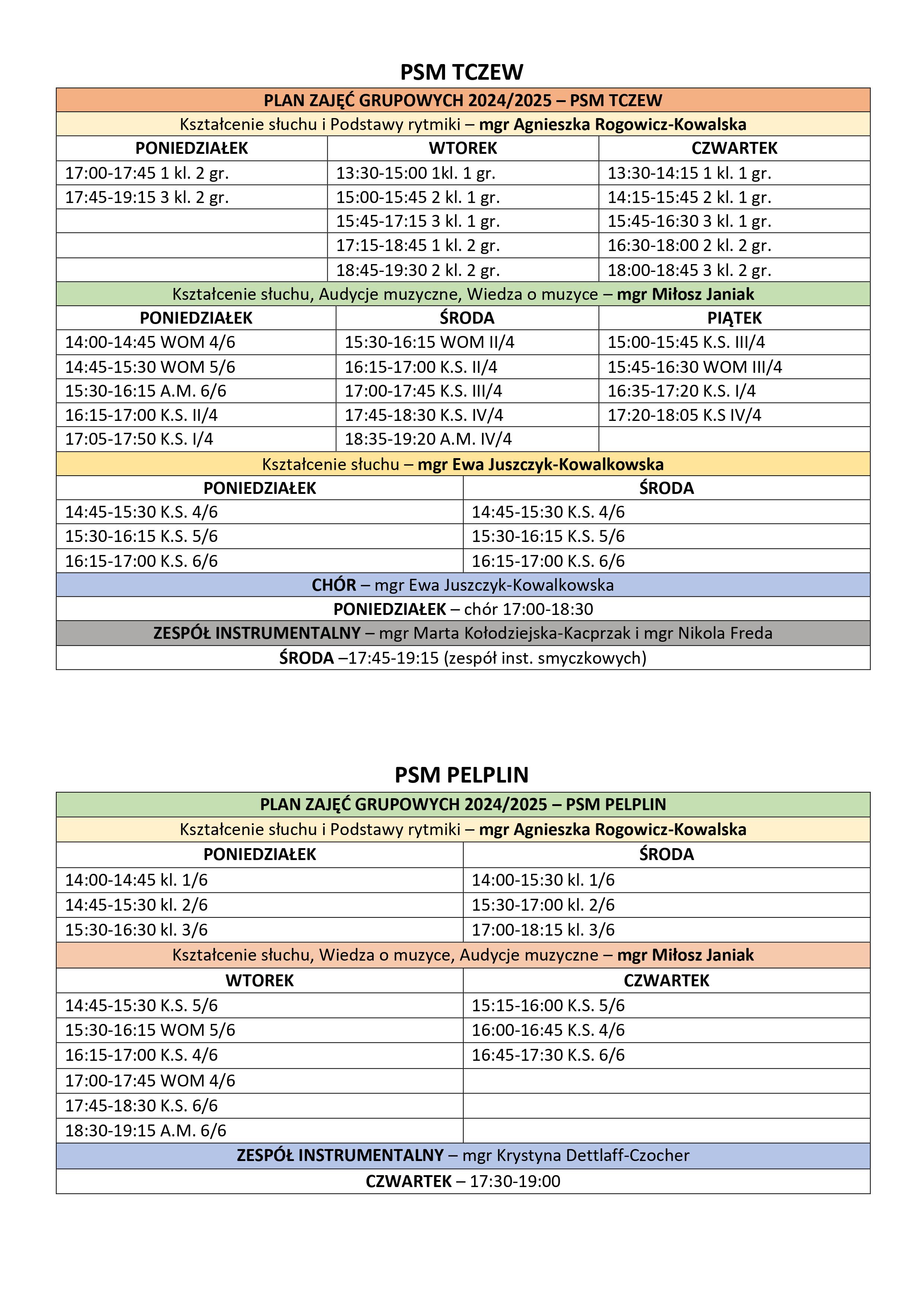 Zdjęciu planu zajęć grupowych na rok szkolny 2024/2025 w PSM TCZEW i PSM PELPLIN - tabela z godzinami lekcji, nazwiskami nauczycieli, nazwami przedmiotów.