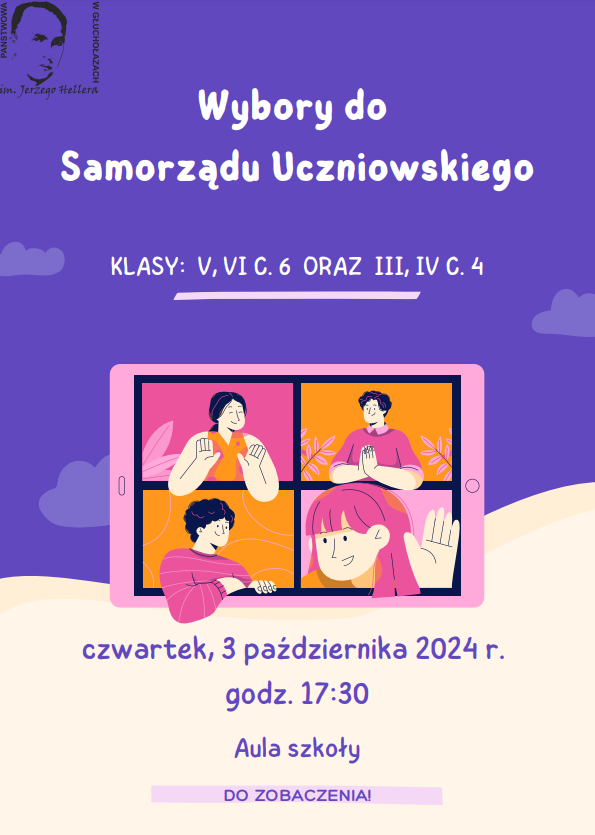 Plakat i jasnoniebieskie tło w dolnej części białe w lewym górnym rogu czarne logo szkoły muzycznej według ustalonego znaku od góry białą czcionką wytłuszczoną wybory do samorządu uczniowskiego klasy 5 6 c 6 oraz trzecia czwarta C4 poniżej grafika przedstawiający różowy tablet w ułożeniu poziomym podzielony na cztery okna w każdym oknie ludzka postać uśmiechnięta poniżej środa 3.10.2024 godzina 17:30 aula szkoły Do zobaczenia