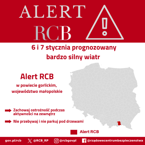 Alert RCB, powiat gorlicki, 6 i 7 stycznia. Kolorem czerwonym zaznaczony jest obszar alarmowania,