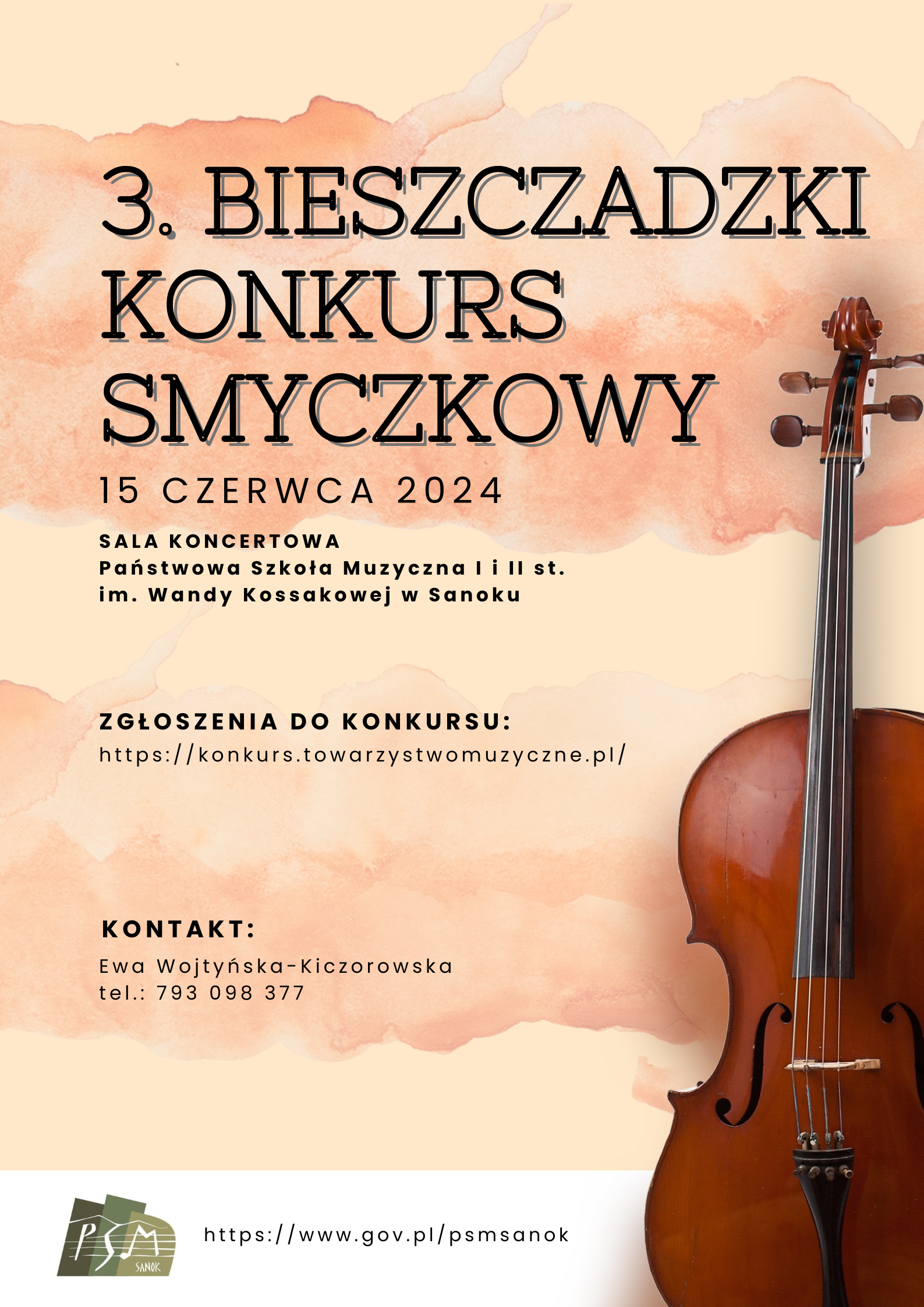 Plakat - 3 Bieszczadzki Konkurs Skrzypcowy 15 czerwca 2024. Pomarańczowe tło, z prawej strony skrzypce, na dole logo szkoły