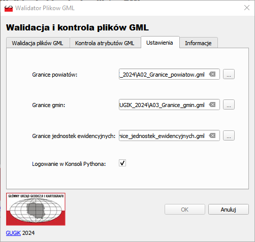 Ilustracja przedstawia zrzut okna wtyczki Walidator plików GML w oprogramowaniu QGIS z wybraną zakładką Ustawienia