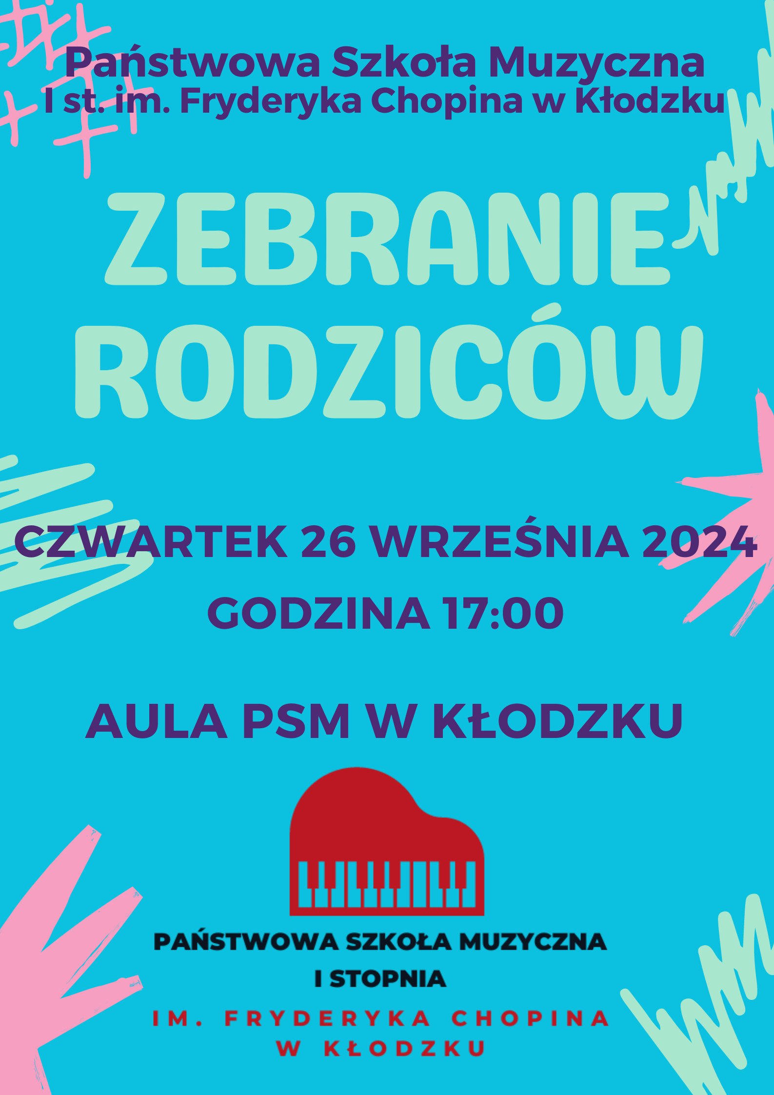 Plakat na niebieskim tle z informacją tekstową dotyczącą zebrania rodziców w PSM w Kłodzku dnia 26 września o godzinie 17:00