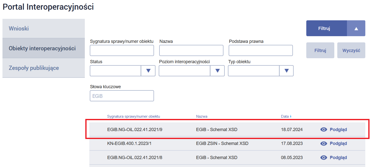 Ilustracja przedstawia zrzut z ekranu serwisu epuap.gov.pl zakładka Portal Interoperacyjności, skąd można pobrać schematy aplikacyjne xsd.