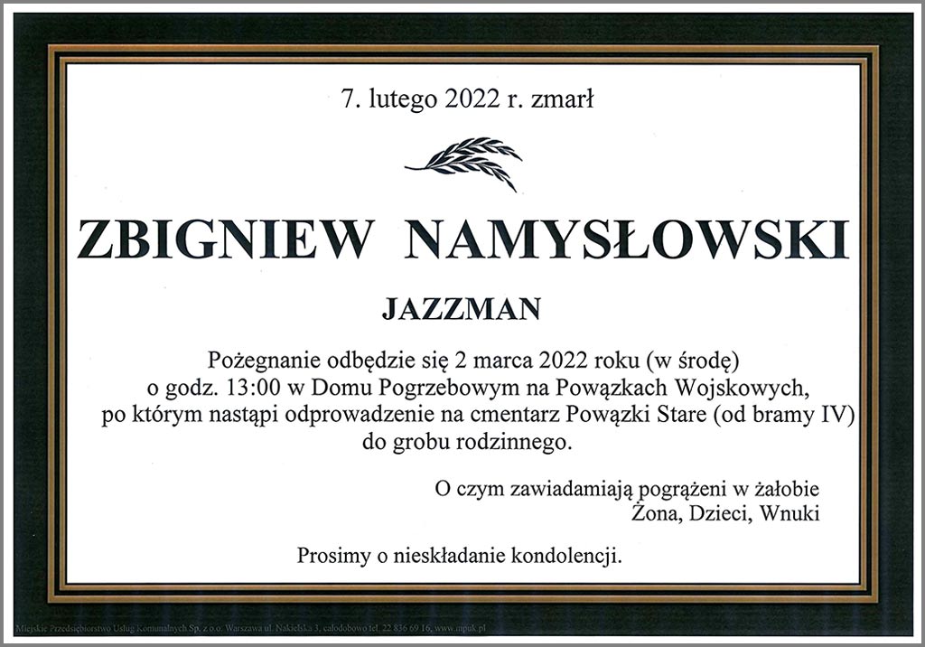 Nekrolog - Zbigniew Namysłowski