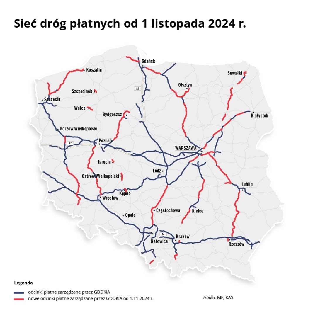 Mapa Polski. Sieć dróg płatnych od 1 listopada 2024 r.