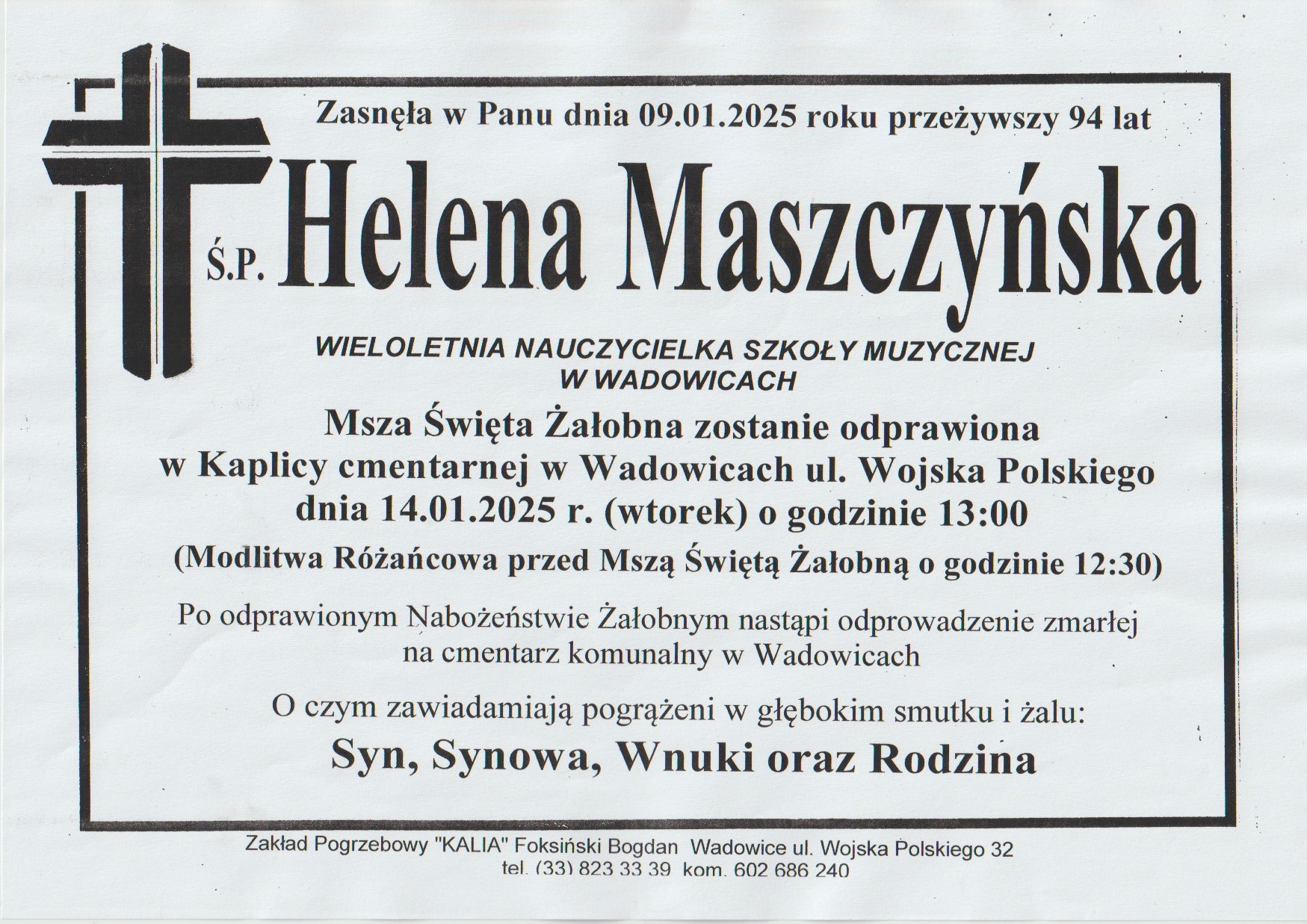 Msza za śp. Helenę Maszczyńską 14.01.2025