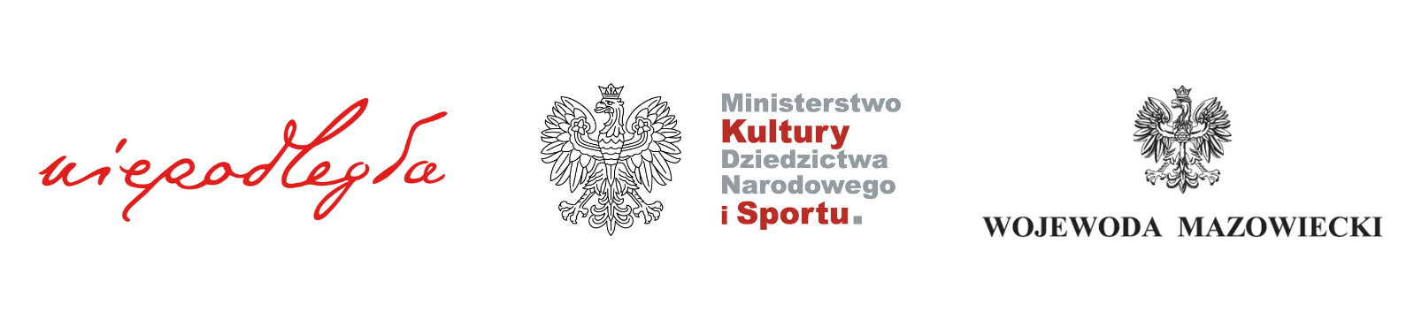 Logotypy Programu Wieloletniego „Niepodległa”, Ministerstwa Kultury, Dziedzictwa Narodowego i Sportu oraz Wojewody Mazowieckiego.