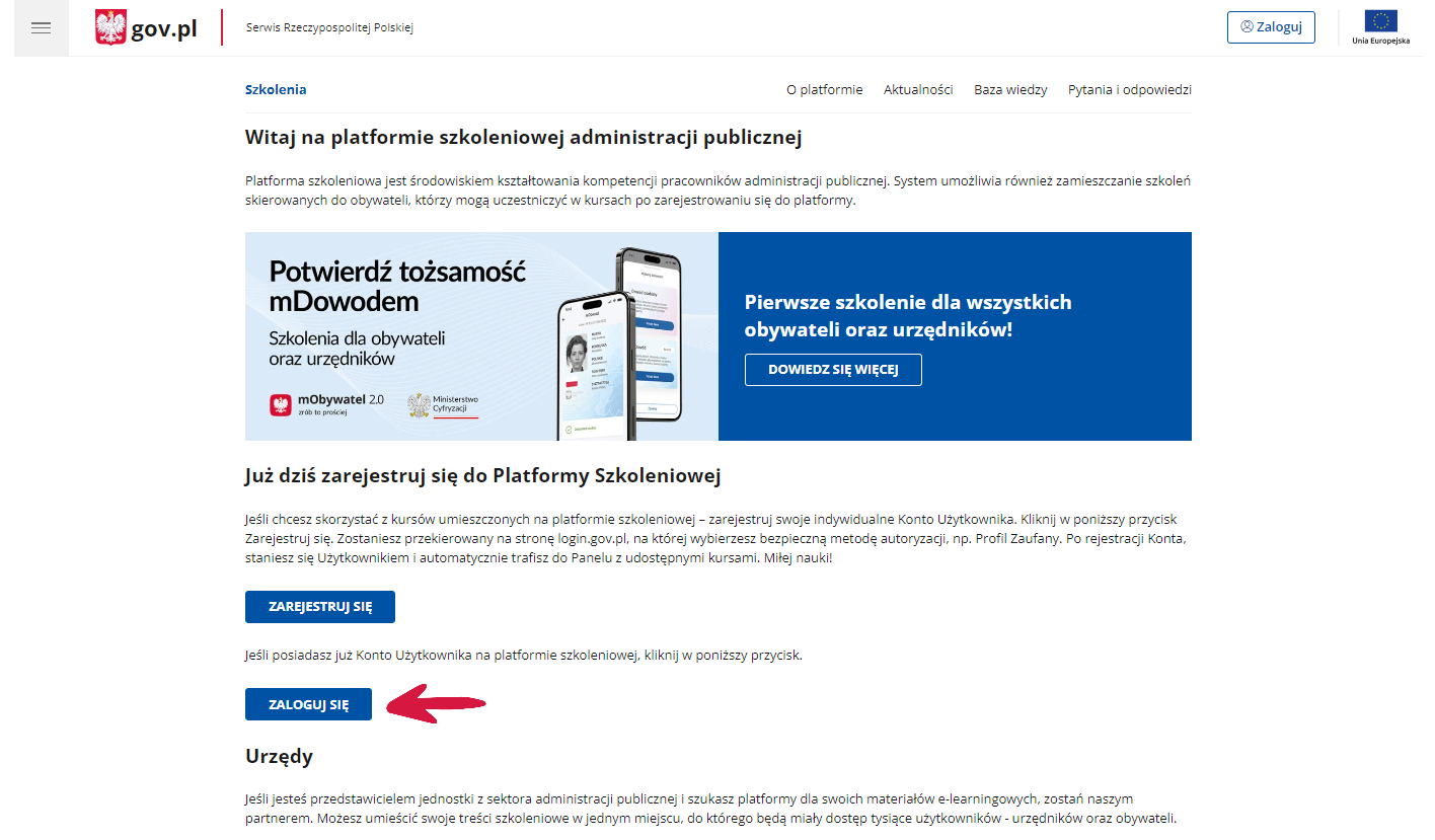 Strona logowania do platformy szkoleniowej administracji publicznej szkolenia.gov.pl