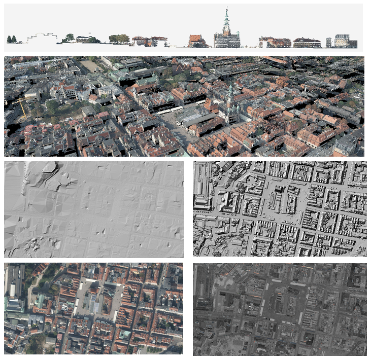 Ilustracja przedstawia dane fotogrametryczne - zrzut z przekroju chmury punktów, zrzut numerycznego modelu terenu, zrzut numerycznego modelu pokrycia terenu, zrzut ortofotomapy, zrzut obrazów intensywności