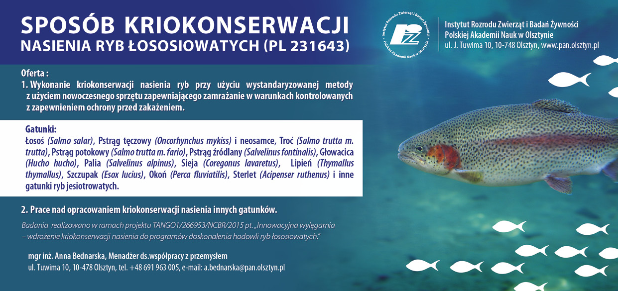 The tangible application achievements of the project also include the establishment of a bank of cryopreserved semen from the salmon family kept in the "Dąbie" Fish Hatchery and the commencement of using frozen semen for breeding in the Hatchery. The developed method may also be useful for other fish farms and for activities aimed at creating gene banks of endangered species and fish populations. The main assumptions of the method were presented at specialized conferences to a wide audience