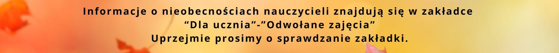 grafika - na pomarańczowym tle napis informujący o miejscu z informacjami o nieobecnościach nauczycieli