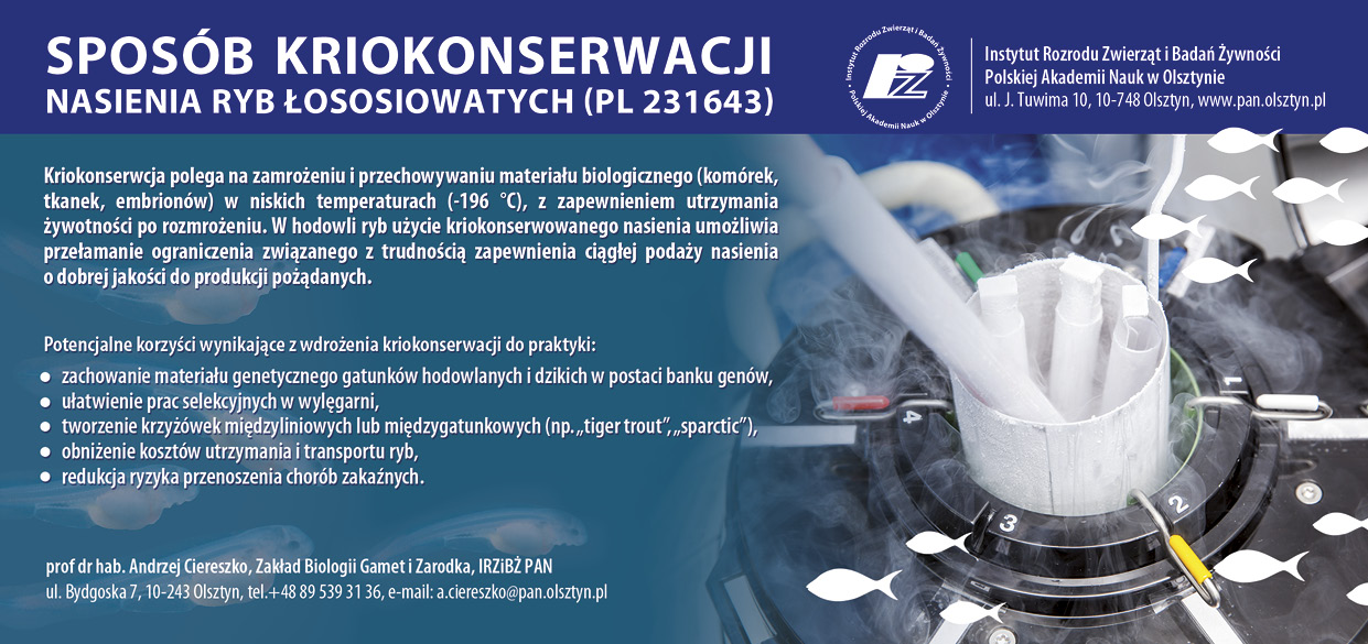 The tangible application achievements of the project also include the establishment of a bank of cryopreserved semen from the salmon family kept in the "Dąbie" Fish Hatchery and the commencement of using frozen semen for breeding in the Hatchery. The developed method may also be useful for other fish farms and for activities aimed at creating gene banks of endangered species and fish populations. The main assumptions of the method were presented at specialized conferences to a wide audience