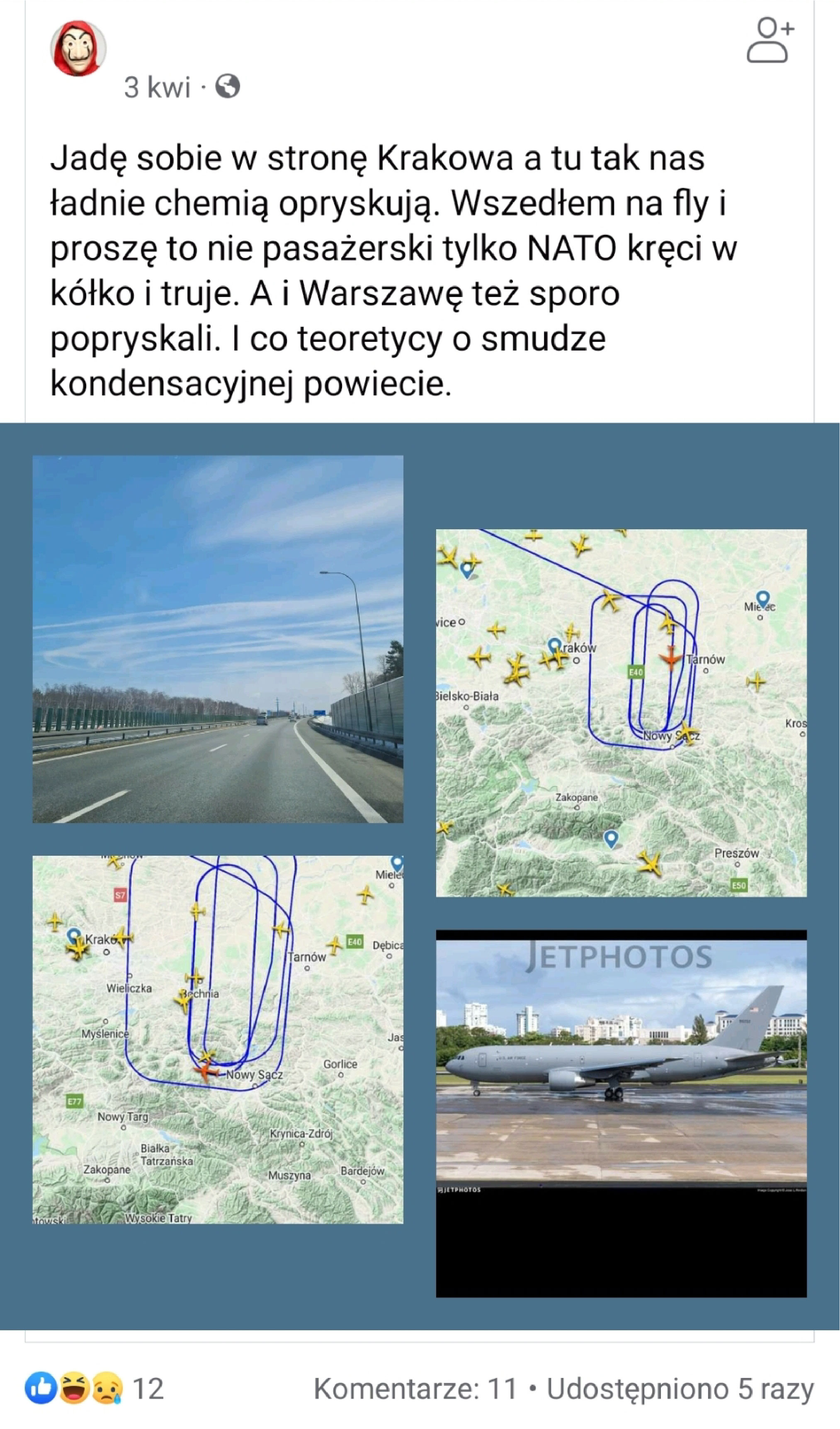 Zrzut ekranu jednego z użytkowników serwisu Facebook oraz zdjęcia nieba ze smugami i samolotu, które mają potwierdzić jego tezę, że nad Polską rozpylane są tzw. chemtrails.