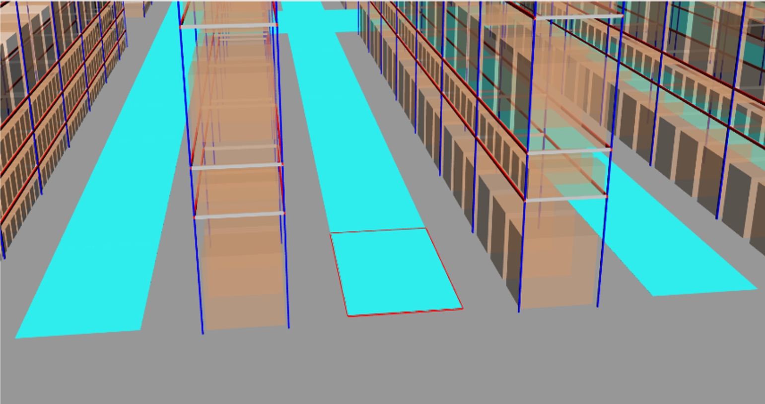 Computer generated diagram. Mapping of structures, locations and rack corridors. Visible four multi-storey brown shelves with navy blue edges and corridors that have been marked out between the shelves in blue