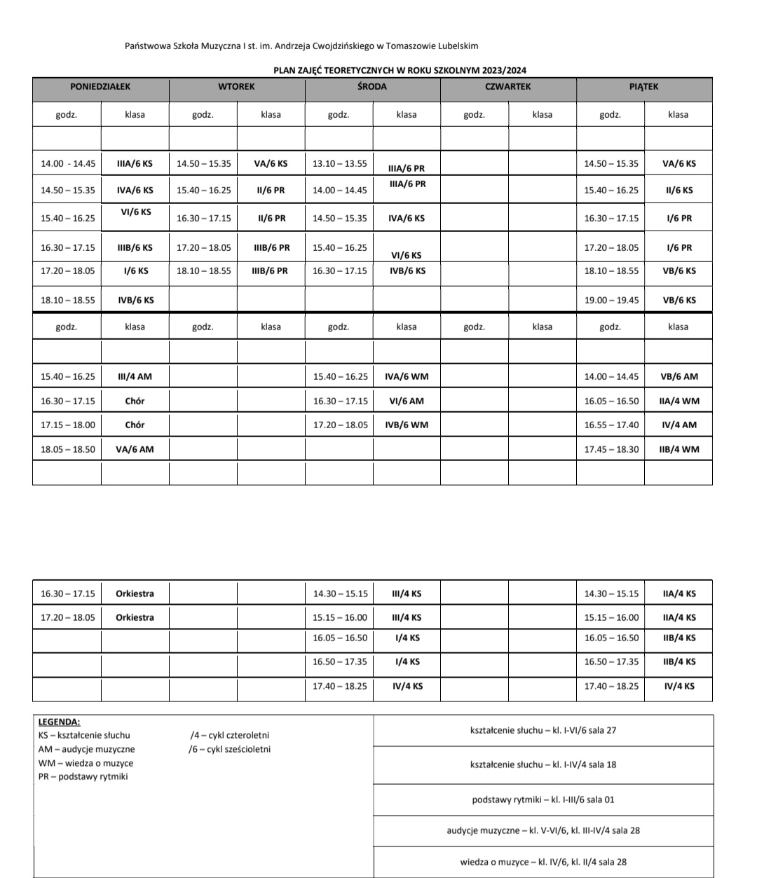 Plan Lekcji 202324 Państwowa Szkoła Muzyczna I Stopnia Im A Cwojdzińskiego W Tomaszowie 8398