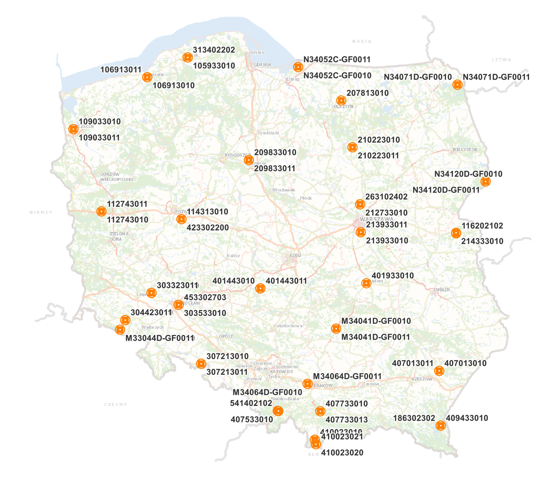 Ilustracja przedstawia rozmieszczenie zaktualizowanych punktów osnowy grawimetrycznej.